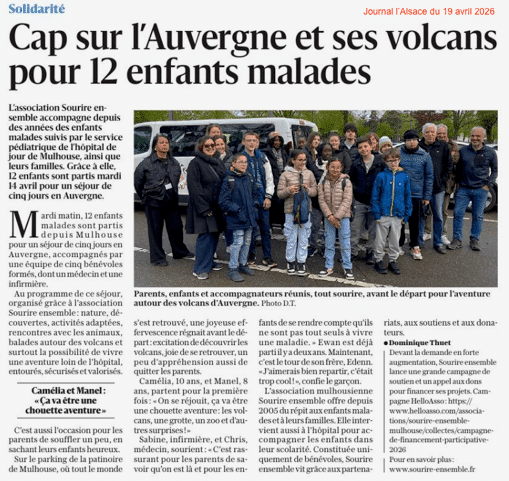 Article de l&rsquo;Alsace : Cap sur l&rsquo;Auvergne et ses volcans pour 12 enfants malades